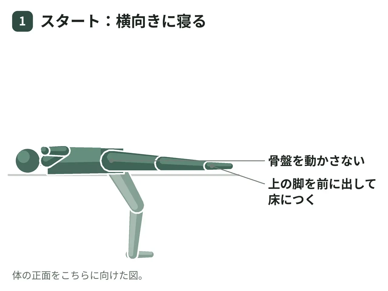サイドライイング・レッグアダクション（自重・下側の脚を挙上）の動作の参考画像