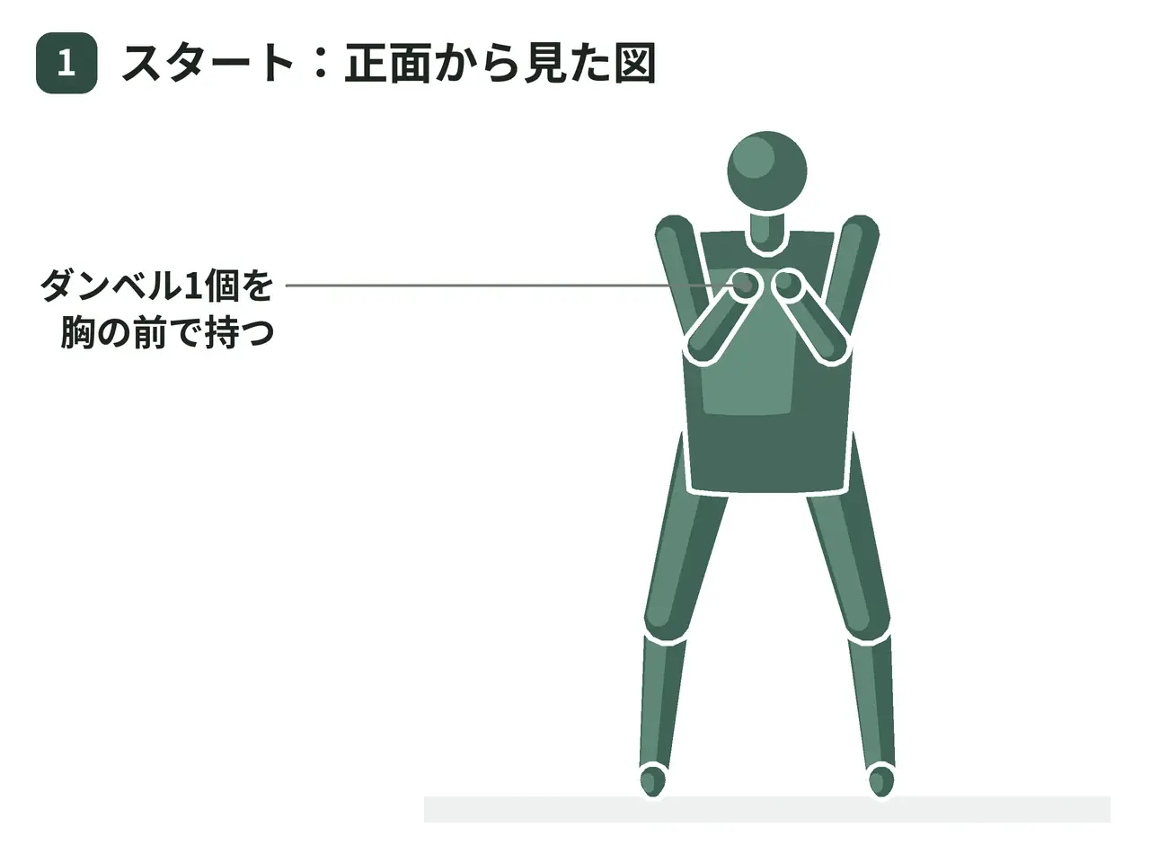 ダンベルサイドランジ（両手で1個を胸前保持）の動作の参考画像
