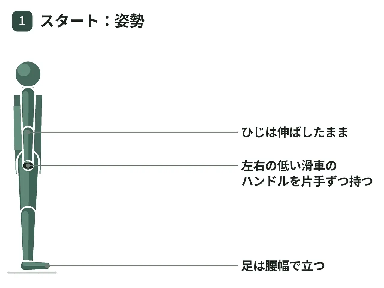 ケーブルシュラッグ（立位・両腕・左右の低位置から）の動作の参考画像