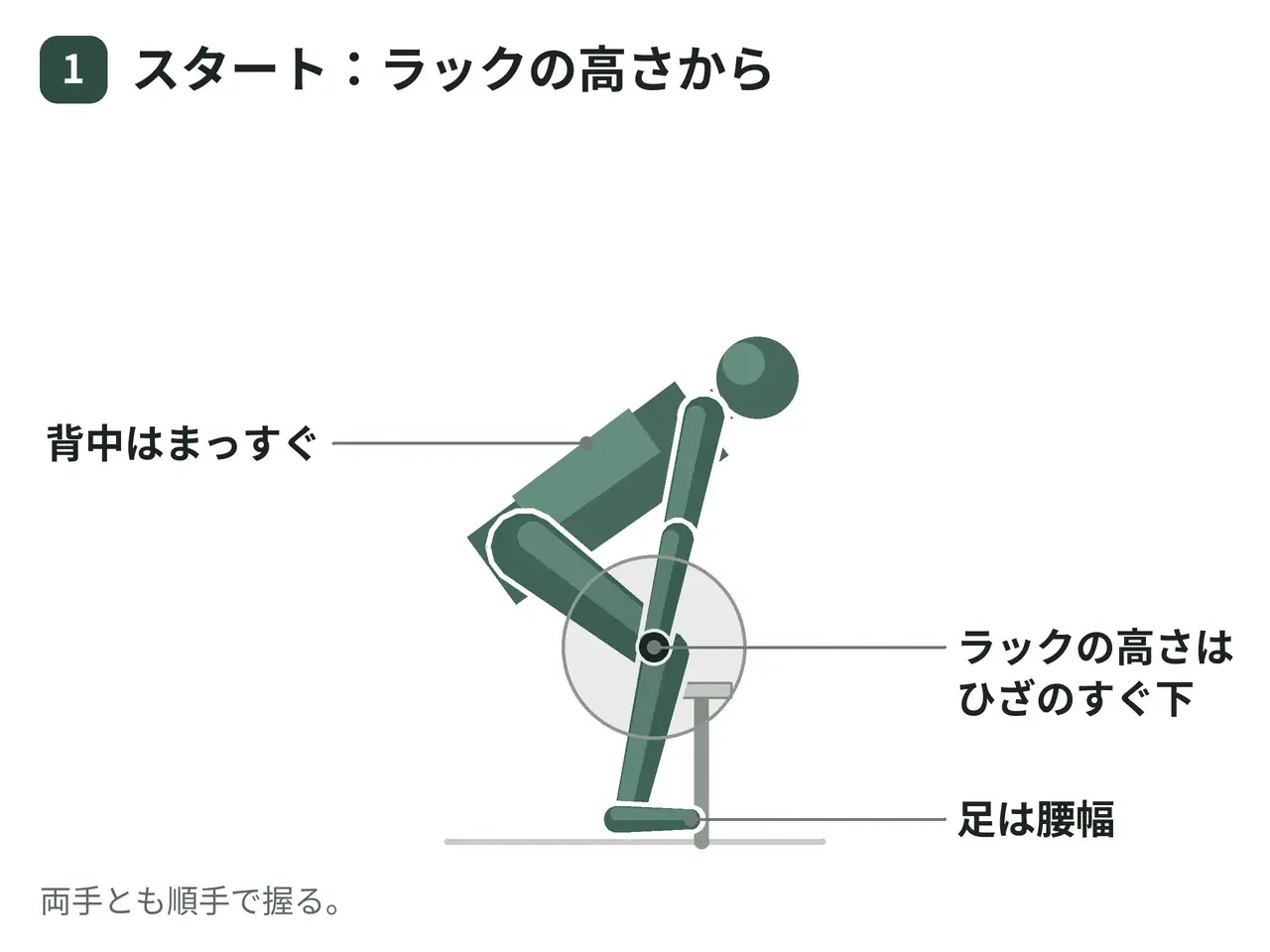 バーベルラックプル（ラック支持・開始高を固定）の動作の参考画像