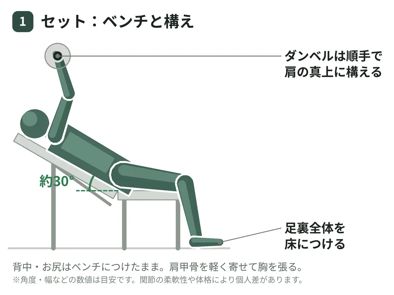 インクライン・ダンベルベンチプレス（両腕・順手）の動作の参考画像