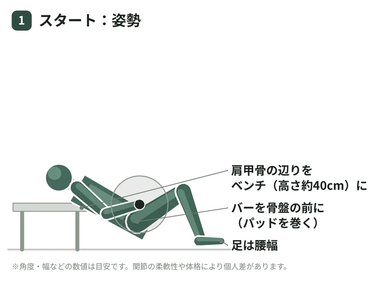 バーベルヒップスラスト（ベンチ肩甲帯支持・両脚）の動作の参考画像