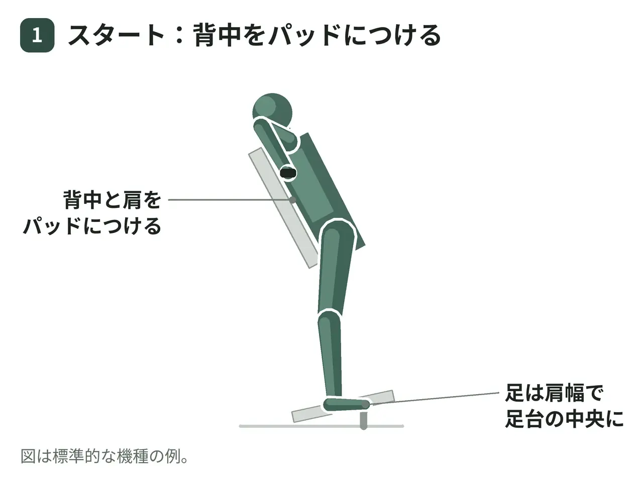 ハックスクワットマシン（背面パッド支持・両脚）の動作の参考画像