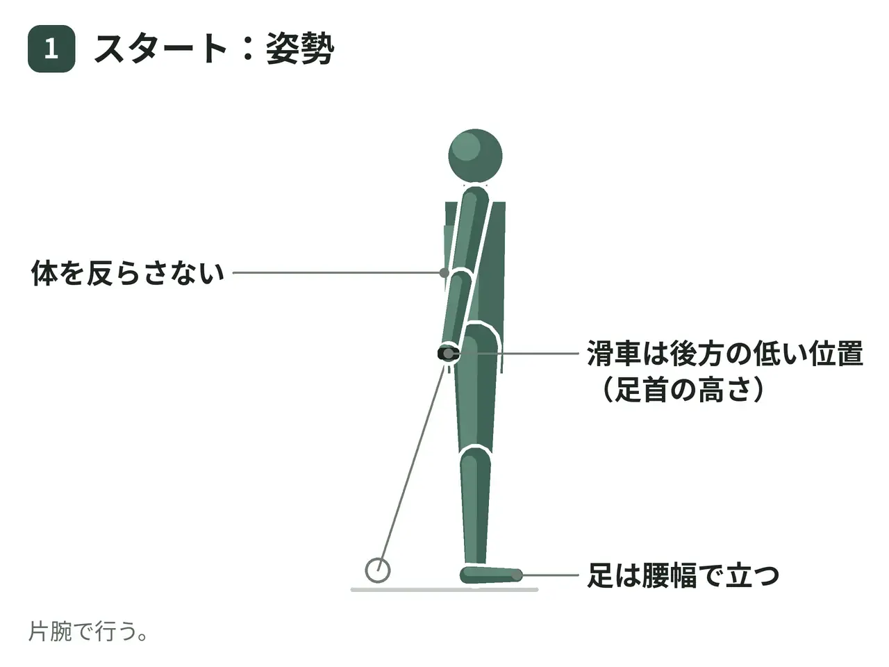 ワンハンド・ケーブルフロントレイズ（立位・後方低位置から）の動作の参考画像