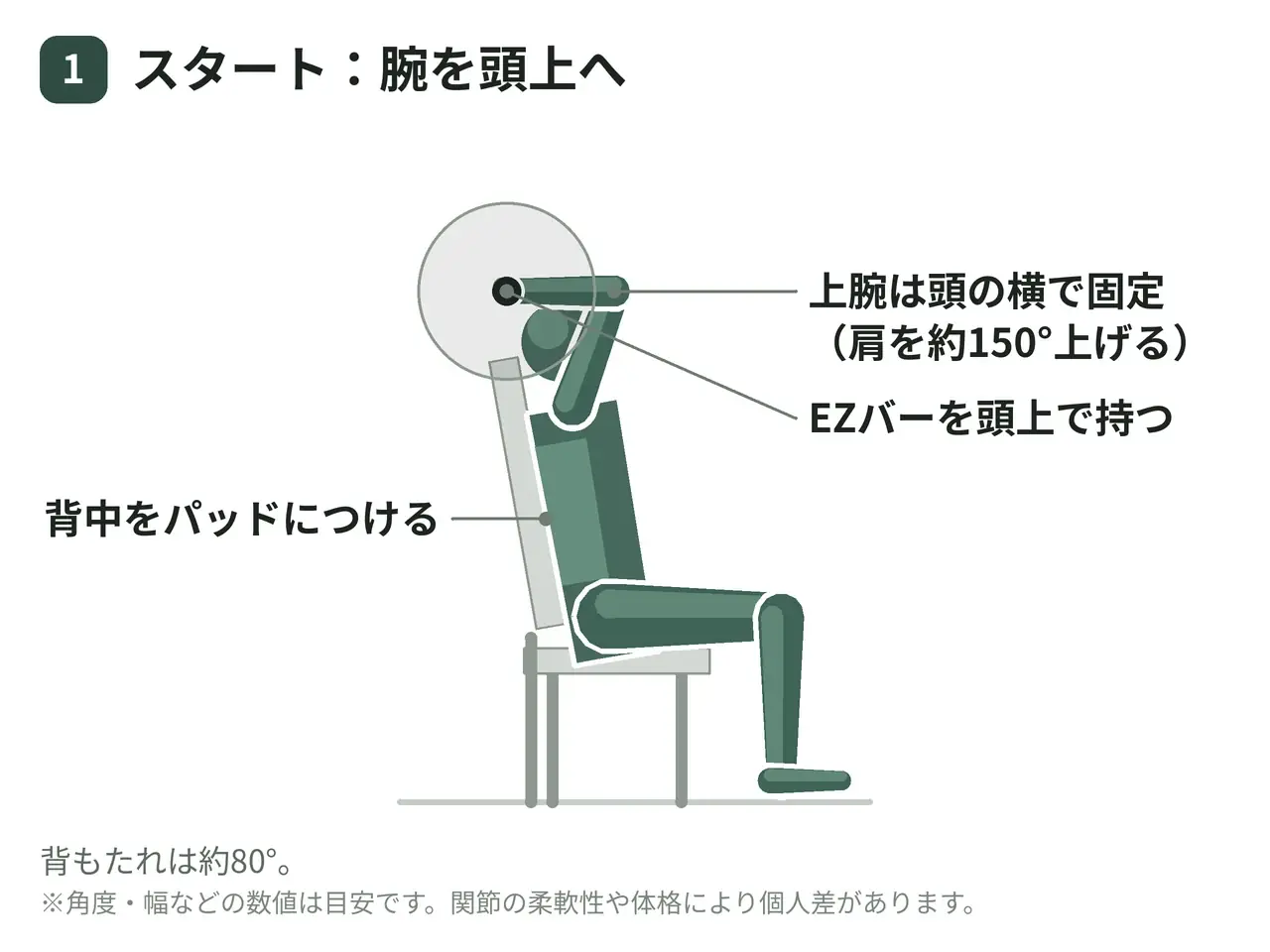オーバーヘッド・EZバーエクステンション（座位・両腕）の動作の参考画像